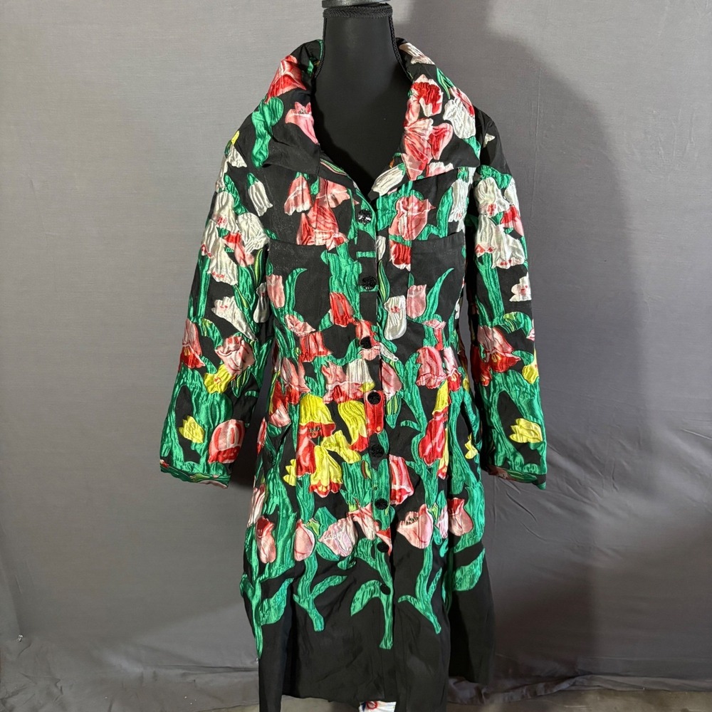 Samuel Dong Womens Large Floral Tulip Textured Button Front Trench Coat Jacket